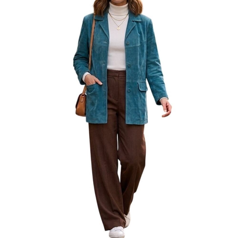 VTG 90s JESSICA HOLBROOK Washable Suede Button Front Jacket in Teal Blue SZ L